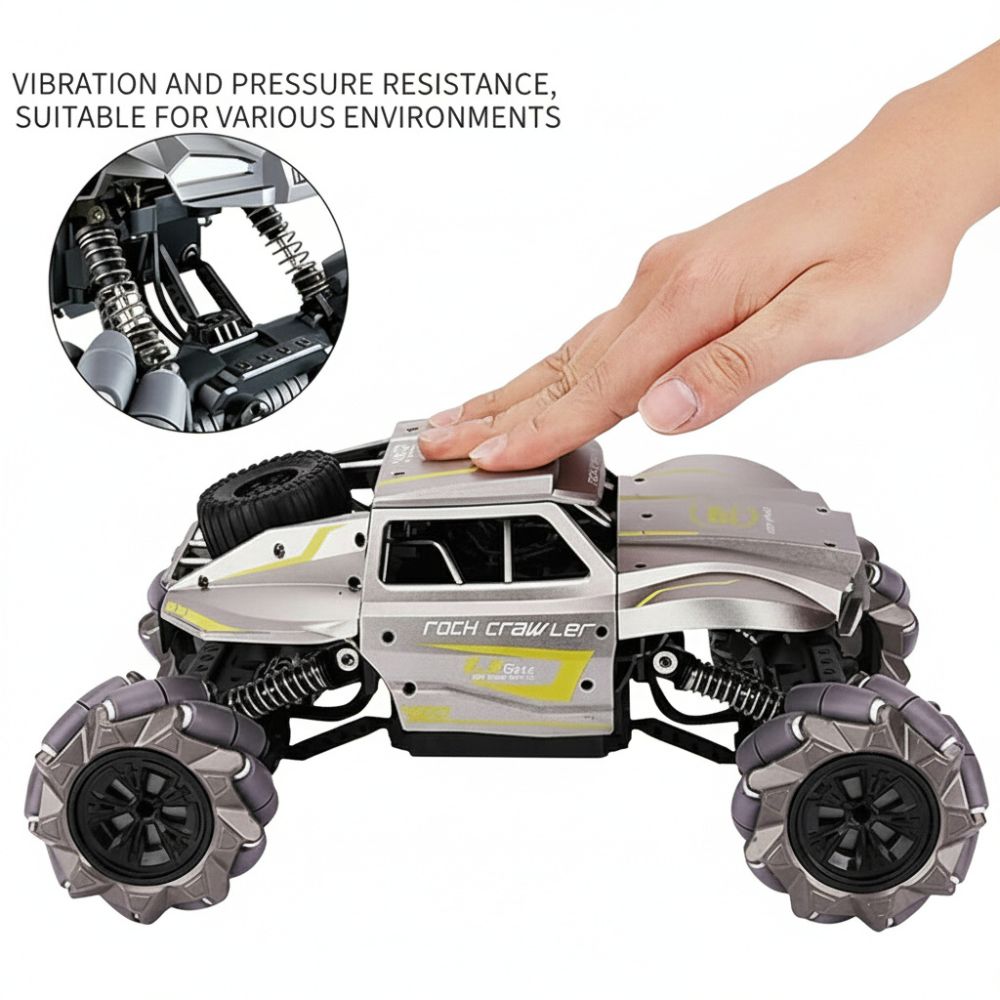 RC car shown front-facing with bold grille and wide wheel stance