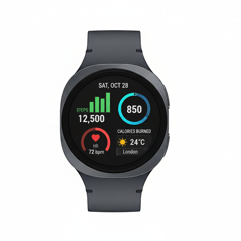Galaxy Watch 8 40mm Black on wrist displaying Energy Score tile with steps, sleep and readiness metrics.