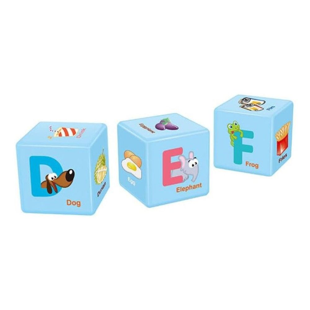 Alphabet cube blocks displayed flat showing different letter faces