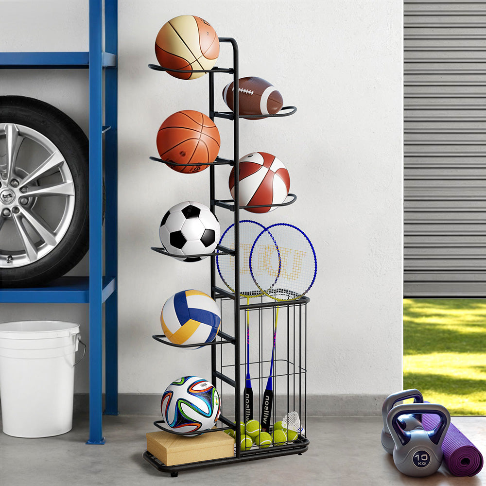 Everfit Ball Storage Rack Sports Equipment Organizer 7-Tier with Basket for Garage Gym Black Tristar Online