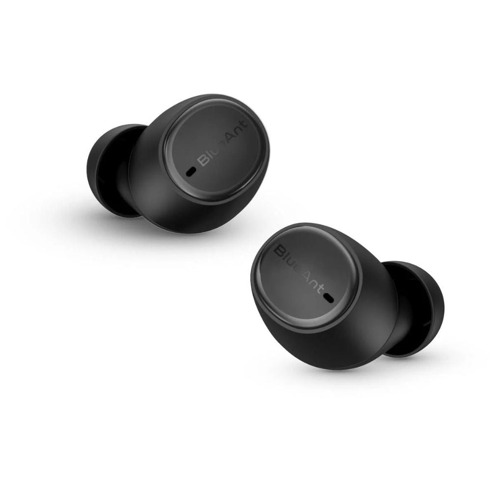 True wireless BlueAnt Pump Air Lite 2 slate black earbuds, case and earbuds shown