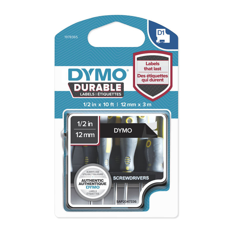 D1 Dur Wht on Blk 12mm x 3m Dymo