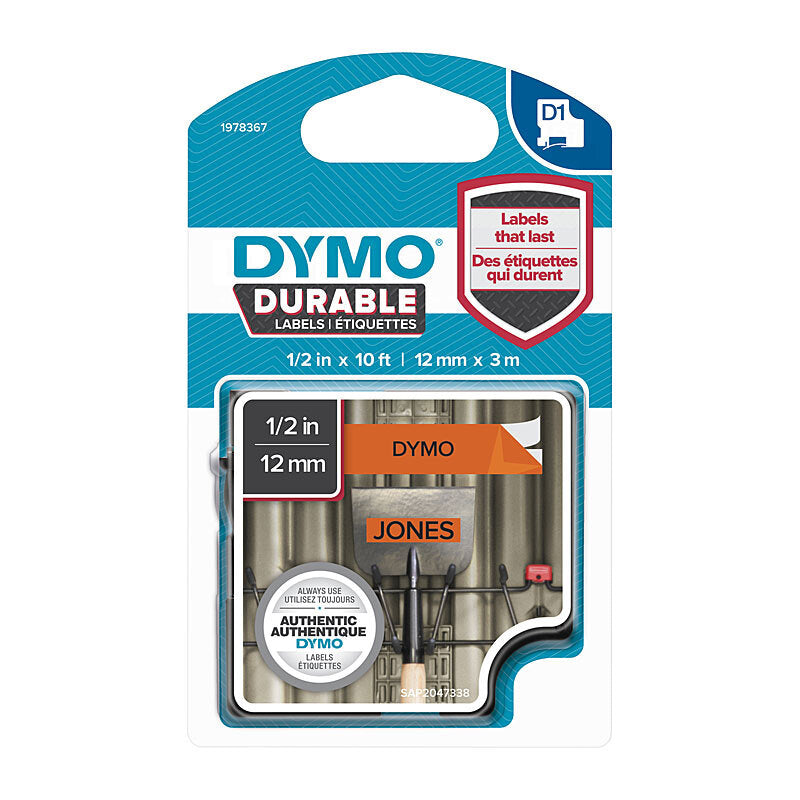 D1 Dur Blk on Orn 12mm x 3m Dymo