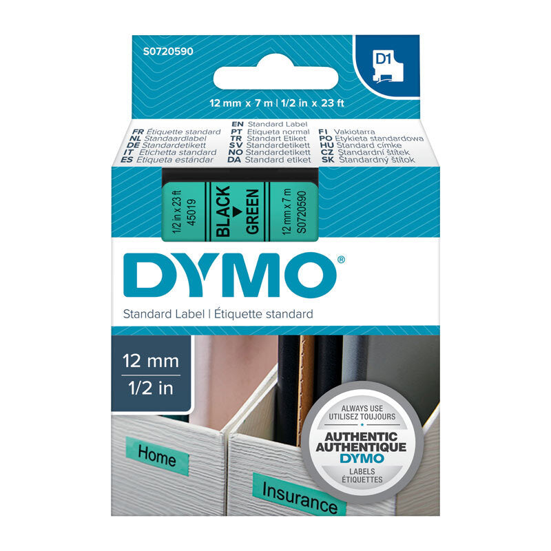 D1 Blk on Grn 12mmx7m Tape Dymo