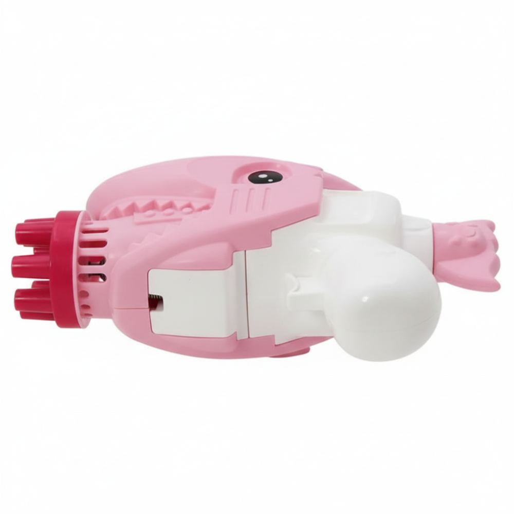 Shark bubble gun displayed side-angle with bubble stream visible