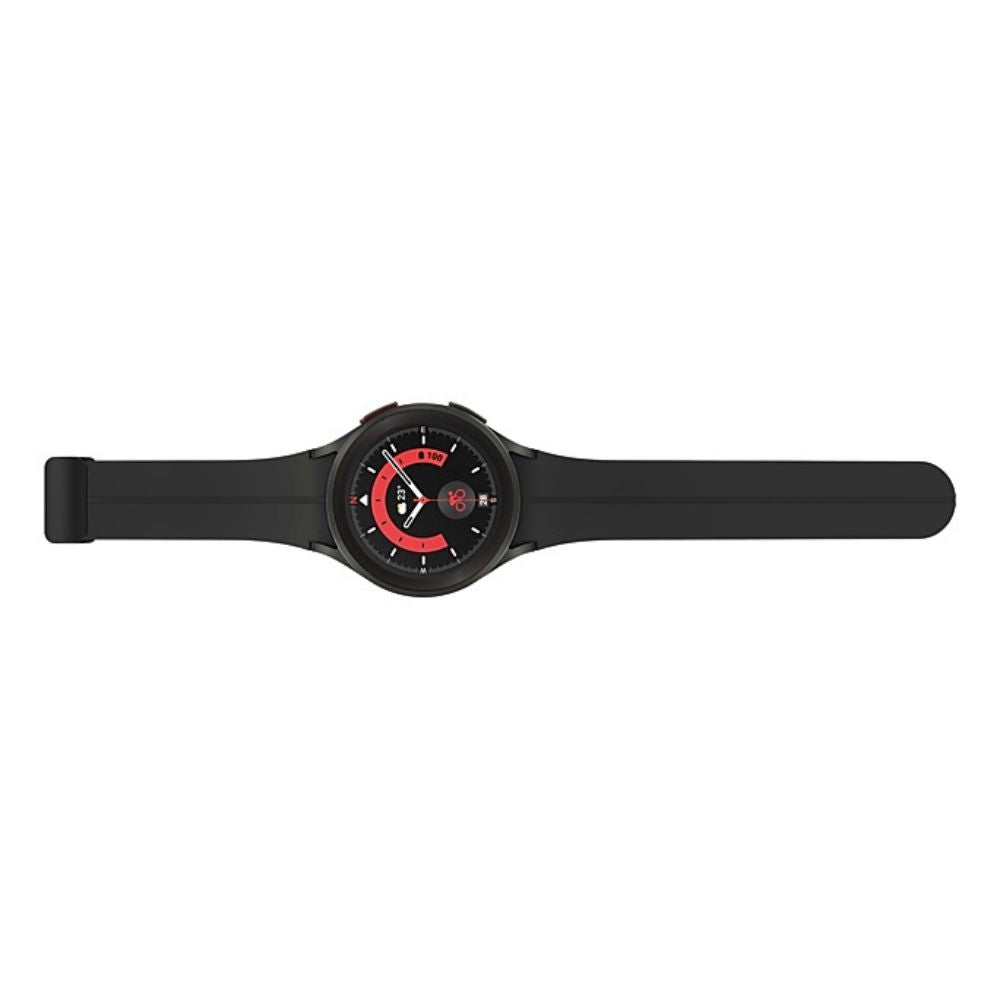 Black Samsung Galaxy Watch 5 Pro displayed front view showing full face and strap
