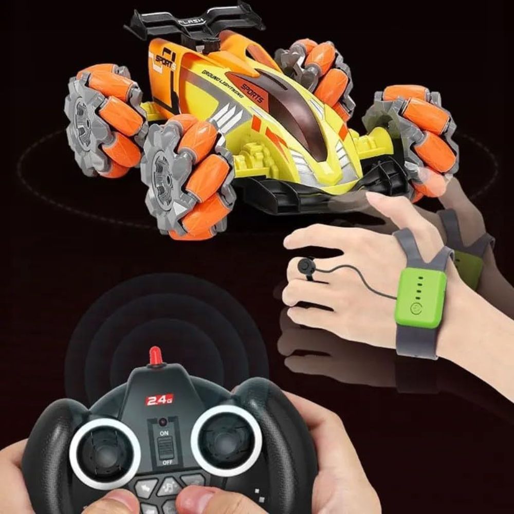 Green stunt RC car shown from front-side with controller handle in hand