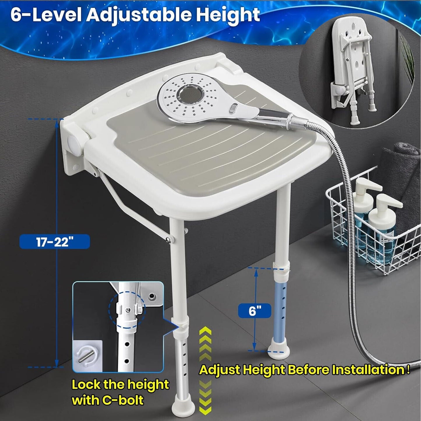 Wall-Mount Foldable Shower Chair, Adjustable, Non-Slip Feet Tristar Online