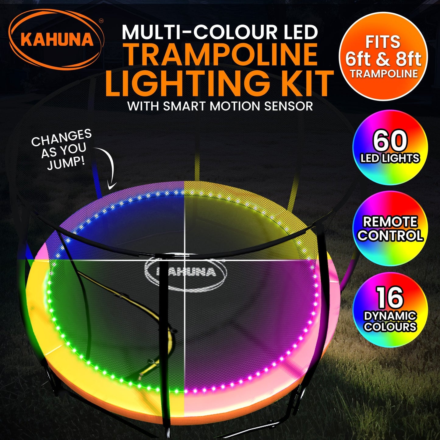 Kahuna LED Kit Suits 6ft-8ft Trampolines Multi-Colour Smart Motion Sensor Lighting with 16 colours Tristar Online