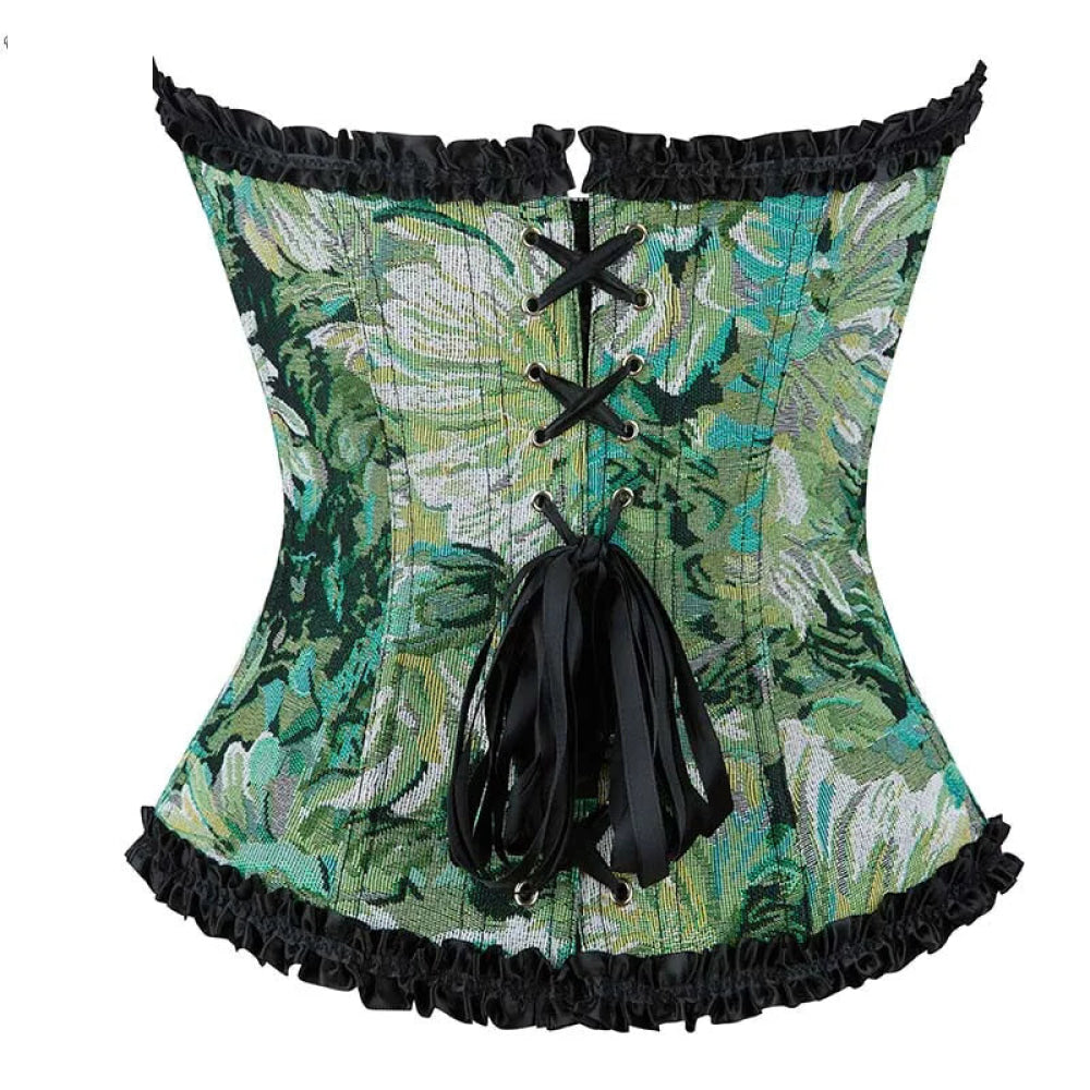 Ruffled Lace Trim Boned Corset Top Green Renaissance Christmas Lingerie - L Tristar Online