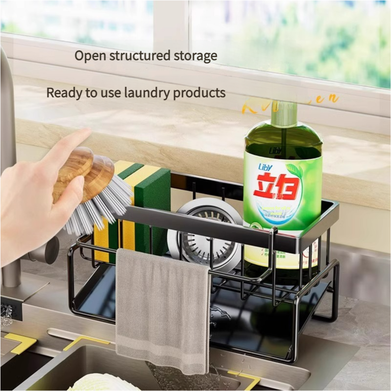 Kitchen Sink Caddy Organizer with Towel Bar & Drain Tray - Durable Metal Sponge Holder(grey) Tristar Online