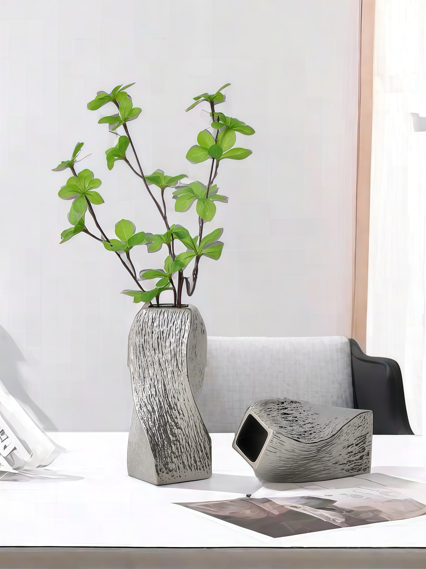 Silver Abstract Twisted Ceramic Vase - Artistic Minimalist Flower Holder for Home Decor (20x10x10cm) Tristar Online