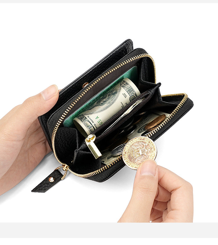 Black Compact RFID Genuine Leather Wallet for Women - Secure Zipper Card Holder & Coin Purse Tristar Online