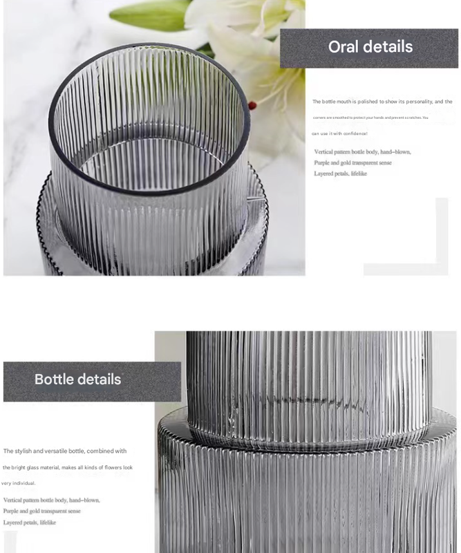 Grey Modern Two-Tier Ribbed Glass Vase - Elegant Cylindrical Flower Centrepiece for Home Decor Tristar Online