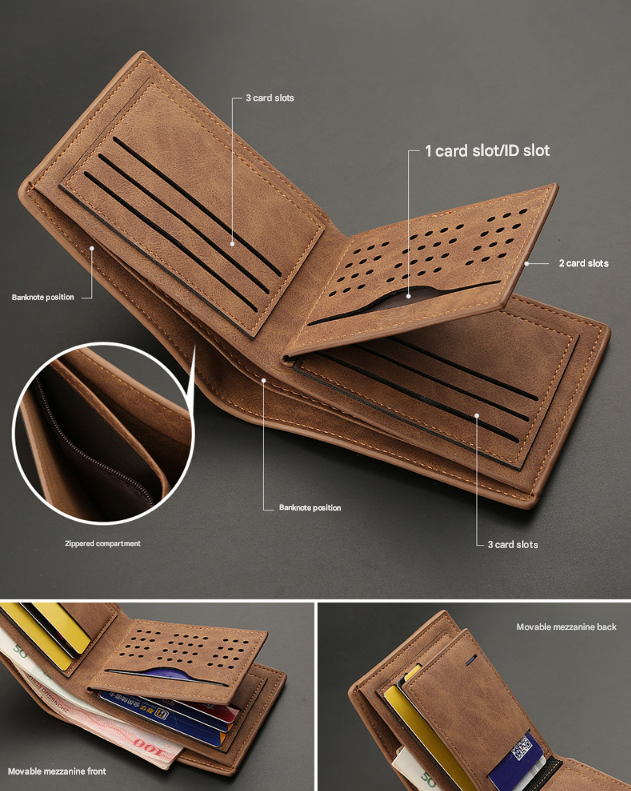 2-Piece Brown Men's Vintage Style Bifold Wallet | High-Capacity PU Leather with Removable Card Holder & Zip Coin Pocket Tristar Online