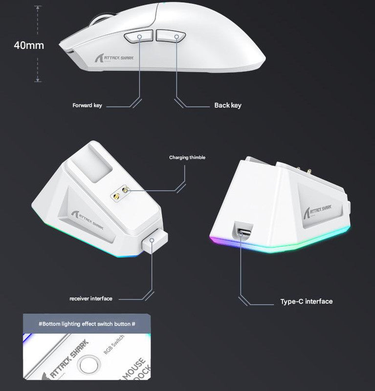 High-Performance Tri-Mode Wireless Gaming Mouse - 22000 DPI, Rechargeable, with RGB Charging Dock(white) Tristar Online