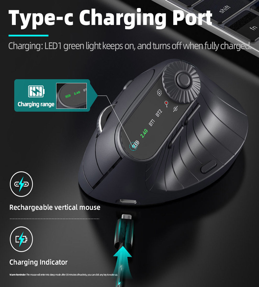 Ergonomic Vertical Mouse - 2.4G/Bluetooth Multi-Mode, LED Display, 57-Degree Angle, & 400mAh Battery(Black) Tristar Online