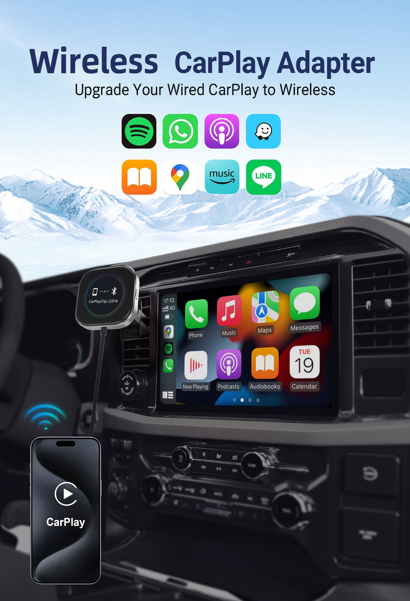 Wireless CarPlay Adapter with 1.6" Multi-Functional Screen, Car Diffuser & 360 Vent Clip(silver) Tristar Online