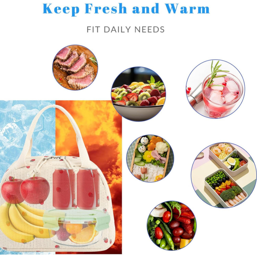 Beige Strawberry Pattern Corduroy Lunch Bag - Insulated Thermal Cooler Tote for School Work and Picnics Tristar Online