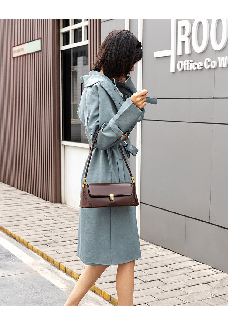 Brown Elegant Vintage Baguette Shoulder Bag - Chic PU Leather Underarm Purse with Gold Clasp Tristar Online