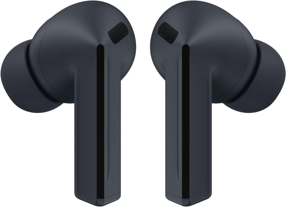 Close-up side view of Samsung Galaxy Buds3 FE Black highlighting the ergonomic in-ear fit and slim stem shape.