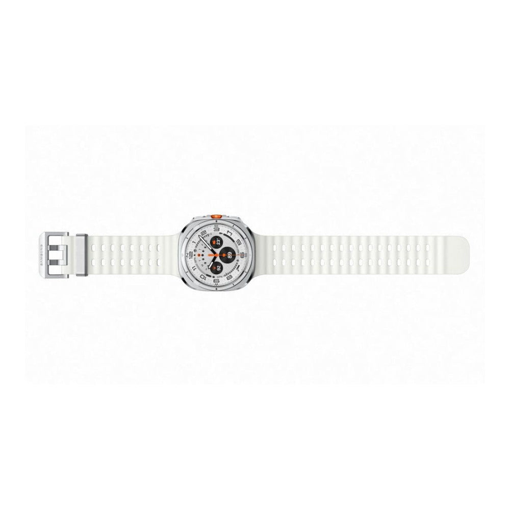 Side angle of Galaxy Watch Ultra 47mm Titanium White highlighting titanium cushion case and raised bezel.