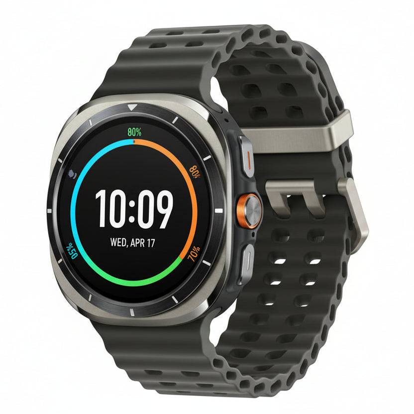 Product lay‑flat of Galaxy Watch Ultra 47mm Titanium Blue with marine band, wireless charger and quick start guide.
