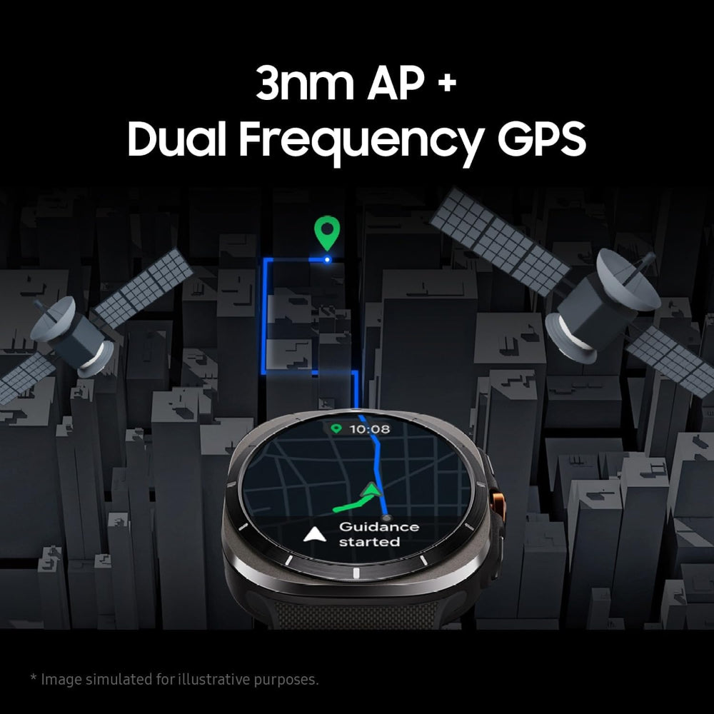 Close‑up of Samsung Galaxy Watch Ultra Titanium Grey crown and button layout on the right side of the case.