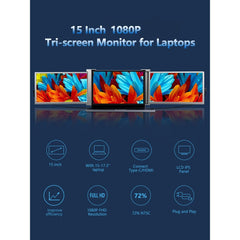 Dual Portable Triple Fold 1080P IPS FHD Monitor Screen Extender For Laptops Trion