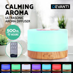 DEVANTI Aroma Diffuser Aromatherapy LED Night Light Air Humidifier Purifier Round Light Wood Grain 500ml Remote Control Tristar Online