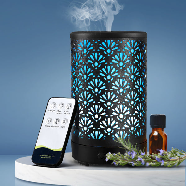 Devanti Aroma Diffuser Aromatherapy Essential Oils Metal Cover Ultrasonic Cool Mist 100ml Remote Control Black Tristar Online