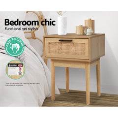Artiss Bedside Tables Table 1 Drawer Storage Cabinet Rattan Wood Nightstand Tristar Online
