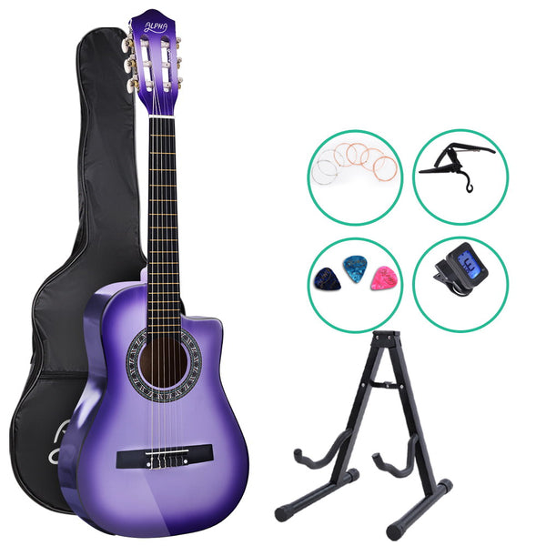 Alpha 34" Inch Guitar Classical Acoustic Cutaway Wooden Ideal Kids Gift Children 1/2 Size Purple with Capo Tuner Tristar Online