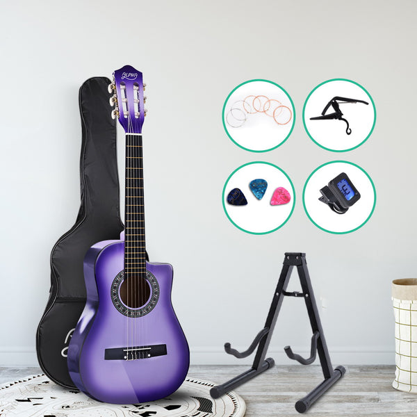 Alpha 34" Inch Guitar Classical Acoustic Cutaway Wooden Ideal Kids Gift Children 1/2 Size Purple with Capo Tuner Tristar Online