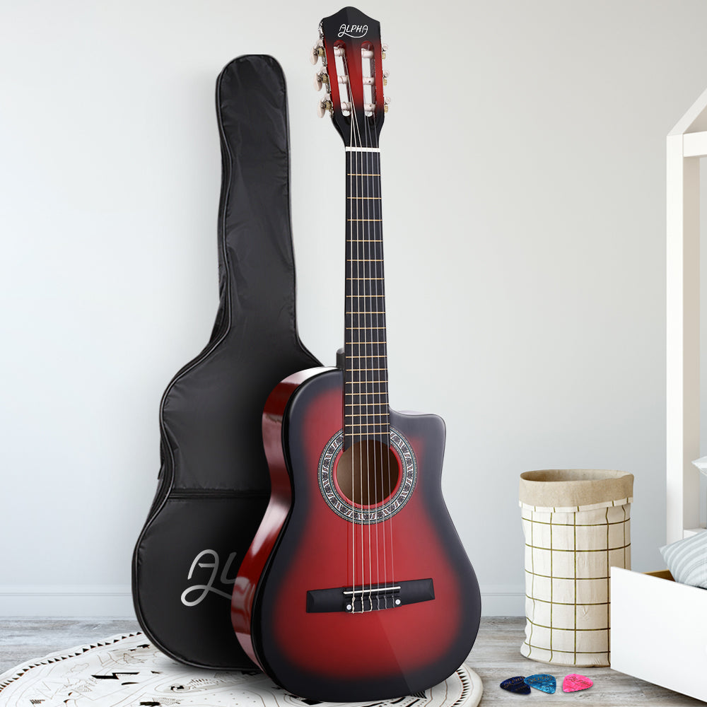 Alpha 34" Inch Guitar Classical Acoustic Cutaway Wooden Ideal Kids Gift Children 1/2 Size Red Tristar Online
