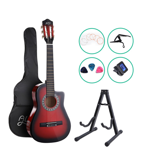 Alpha 34" Inch Guitar Classical Acoustic Cutaway Wooden Ideal Kids Gift Children 1/2 Size Red with Capo Tuner Tristar Online