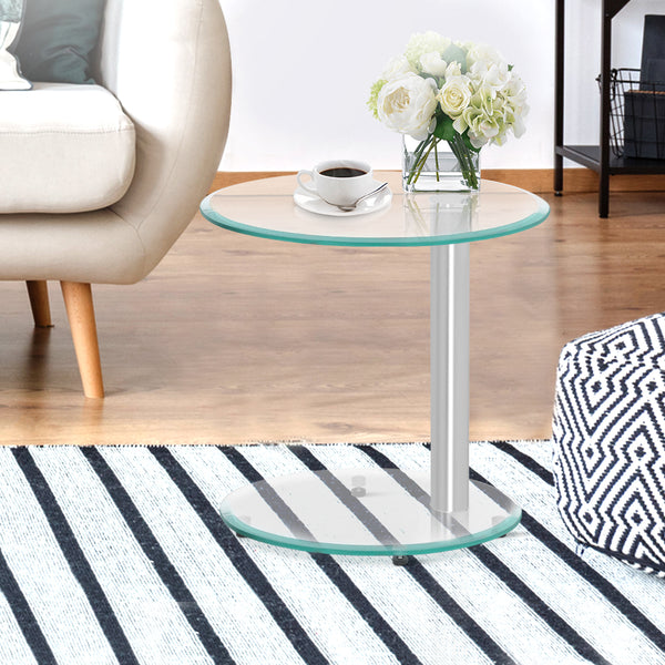 Artiss Side Coffee Table Bedside Furniture Oval Tempered Glass Top 2 Tier Tristar Online