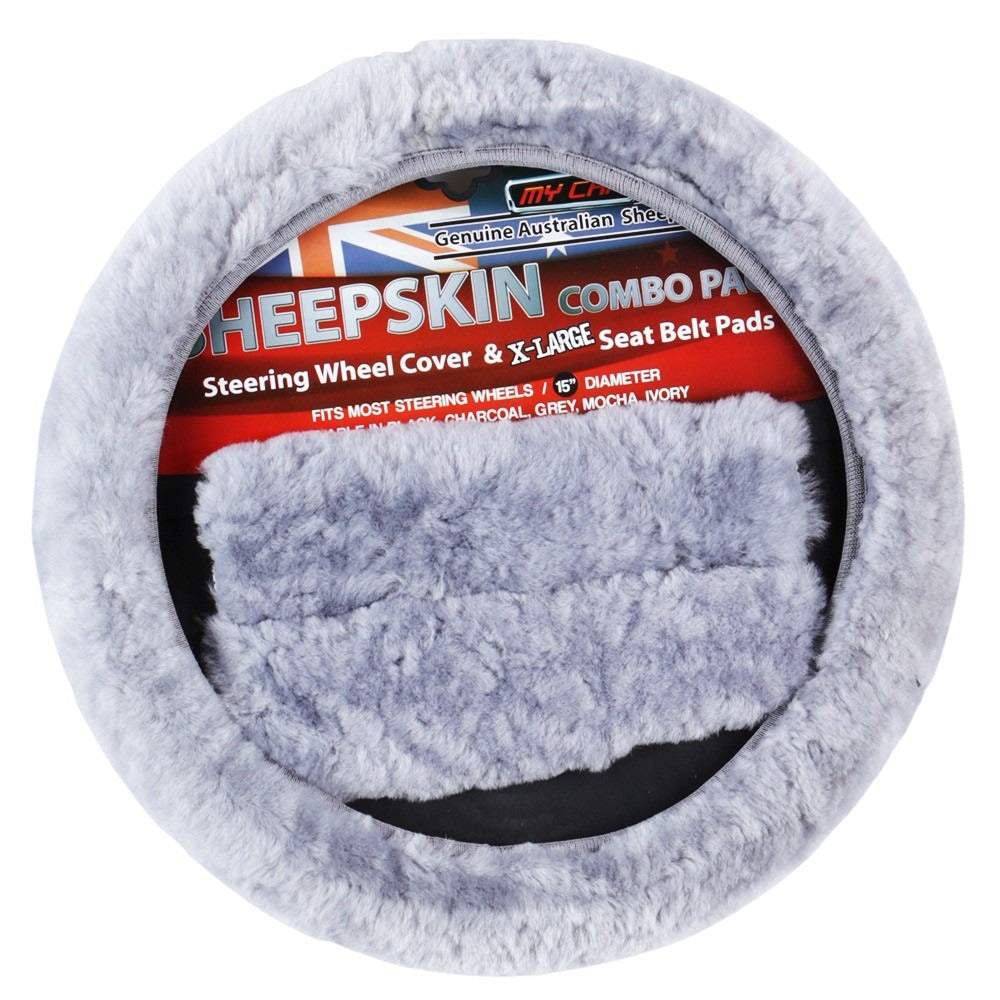Sheepskin Steering Wheel Cover & Seat Belt Pads Combo Luxury - Grey Tristar Online