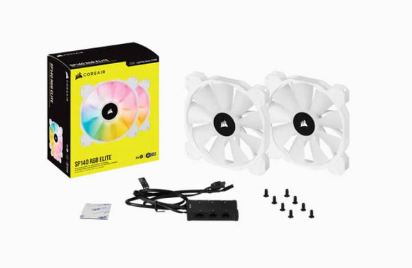 CORSAIR White SP140 RGB ELITE, 140mm RGB LED Fan with AirGuide, 68 CFM, Dual Pack with Lighting Node CORE Tristar Online