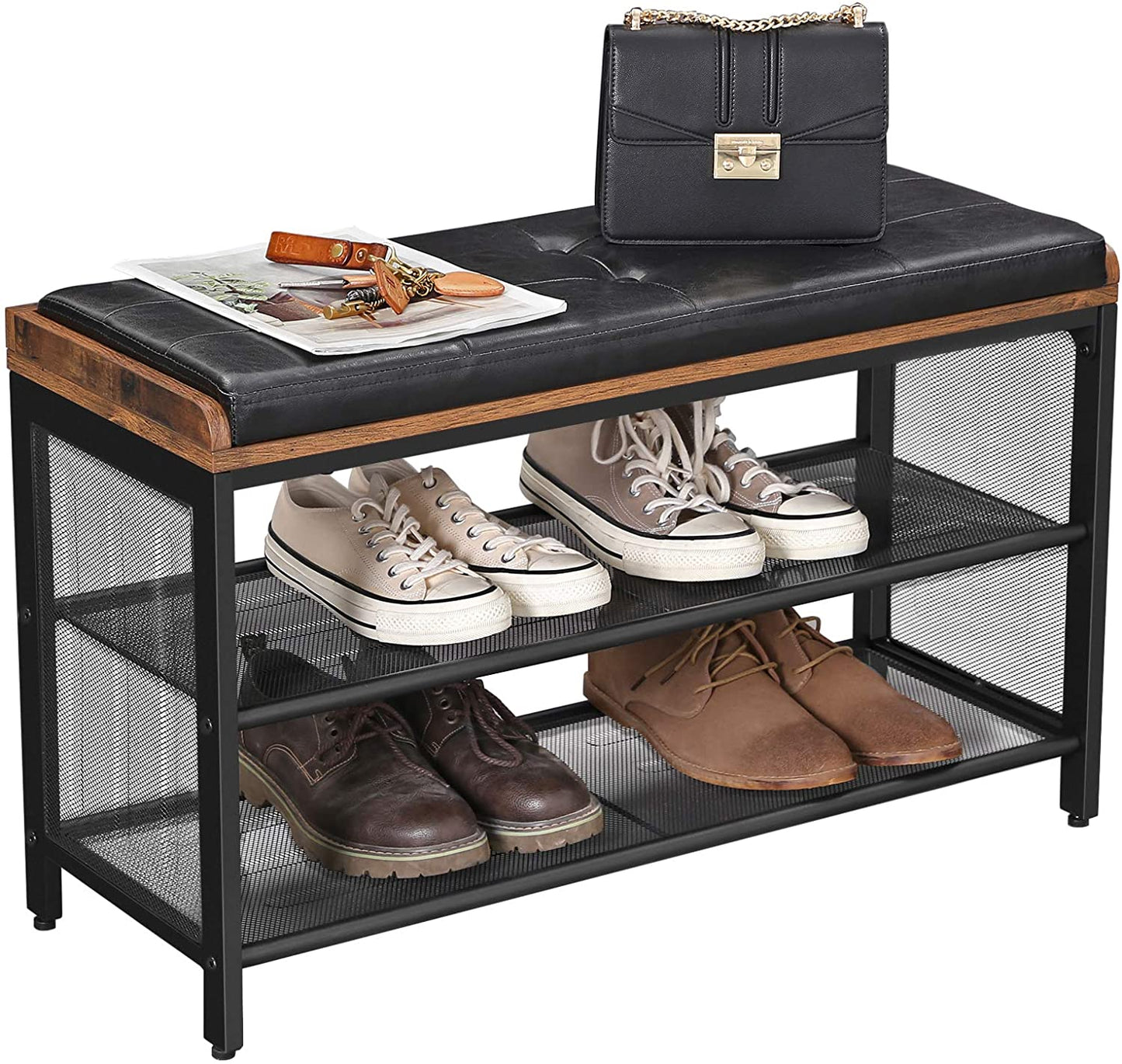 Shoe Bench with Mesh Shelf and Faux Leather Vintage Brown Black 80 x 30 x 48 cm Tristar Online