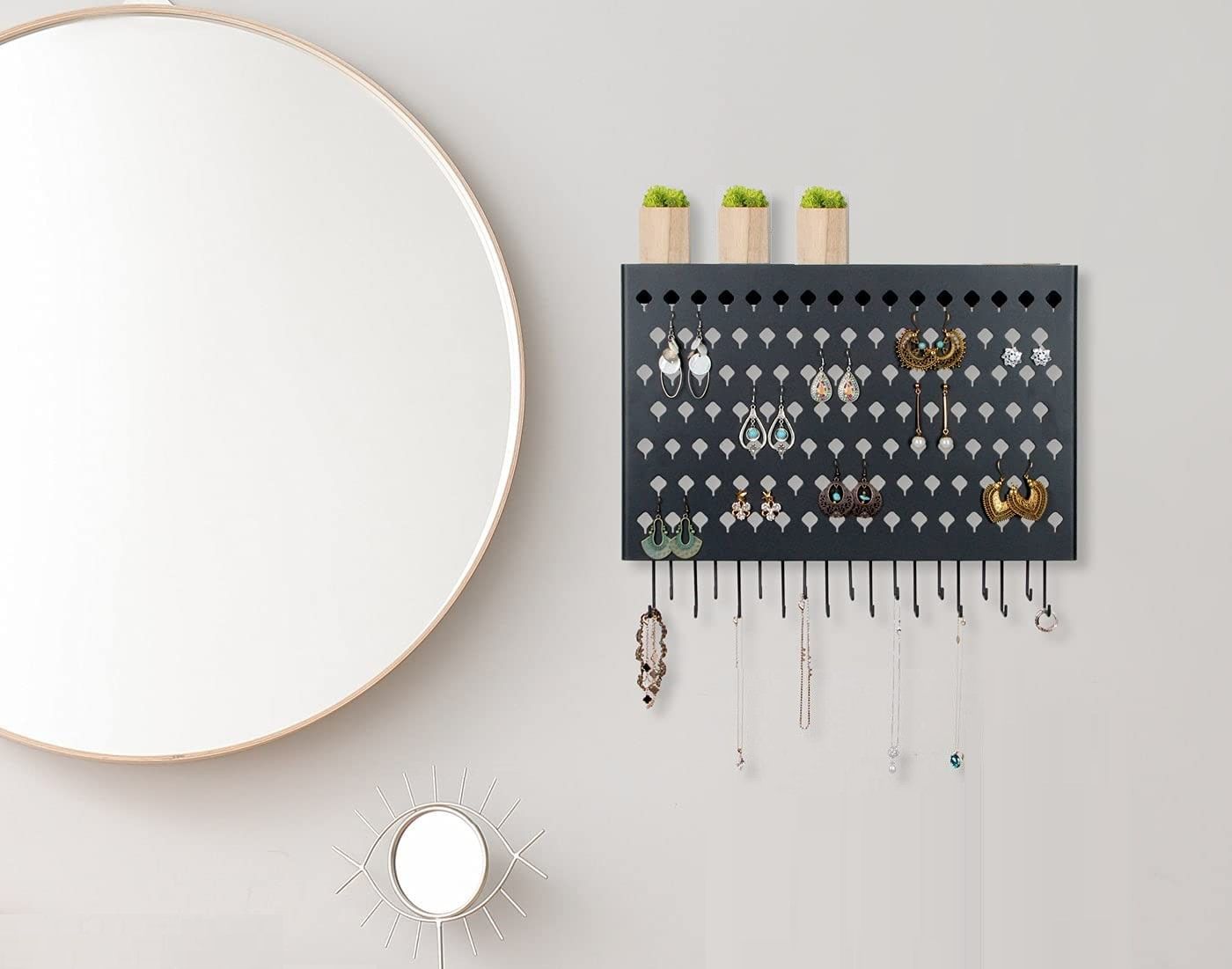 Wall Mount Earring Jewelry Hanger Organizer Holder with 109 Holes and 19 Hooks (Black) Tristar Online