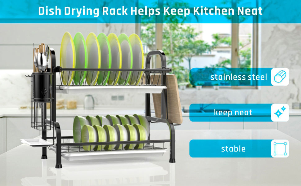 Stainless Steel 2-Tier Dish Drying Rack with Utensil Holder, Cutting Board Holder and Dish Drainer for Kitchen Counter (Black) Tristar Online