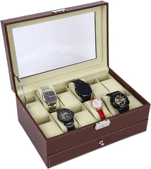 12 Slot PU Leather Lockable Watch and Jewelry Storage Boxes (Brown) Tristar Online