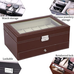 12 Slot PU Leather Lockable Watch and Jewelry Storage Boxes (Brown) Tristar Online
