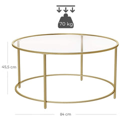 VASAGLE Round Coffee Table Glass Table with Steel Frame Gold LGT21G Tristar Online