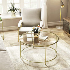 VASAGLE Round Coffee Table Glass Table with Steel Frame Gold LGT21G Tristar Online