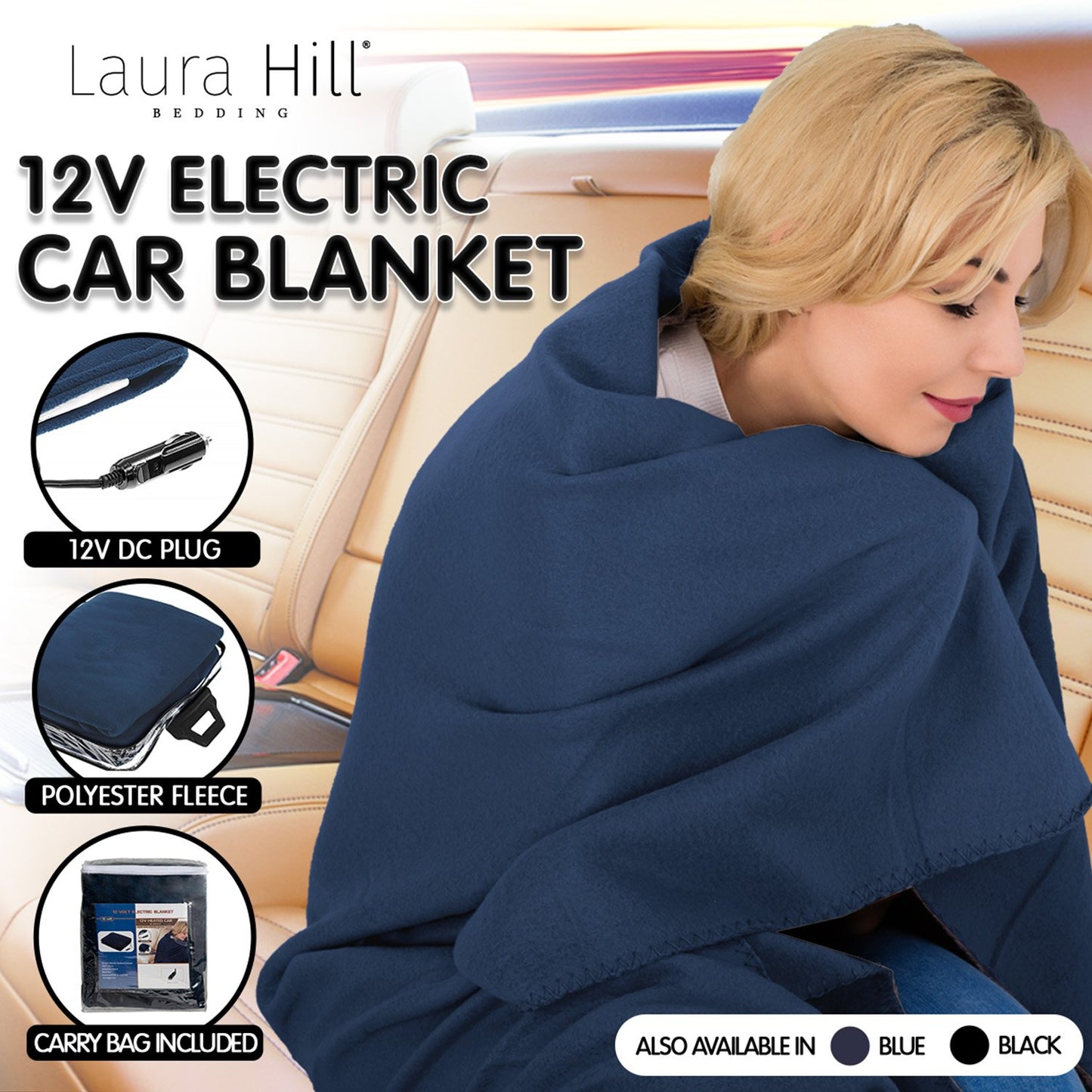 Laura Hill Heated Electric Car Blanket 150x110cm 12v - Navy Blue Tristar Online