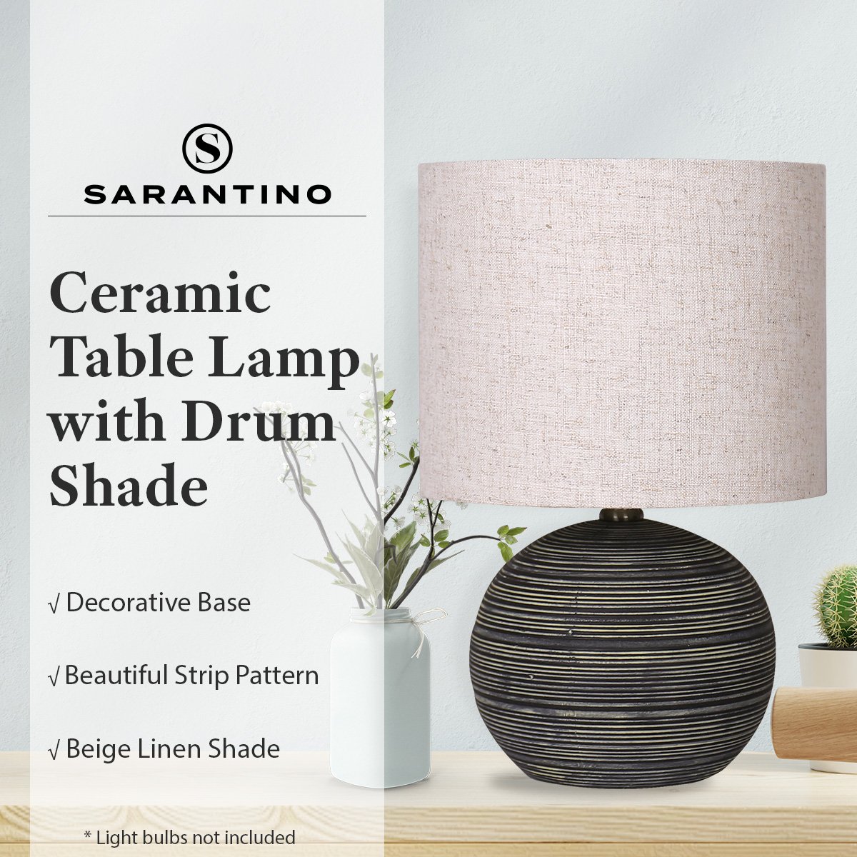 Sarantino Ceramic Table Lamp With Striped Pattern In Antique Black Tristar Online