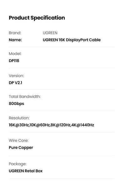 UGREEN 15383 16K Displayport 2.1 Male to Male VESA Certified Cable 1M Tristar Online
