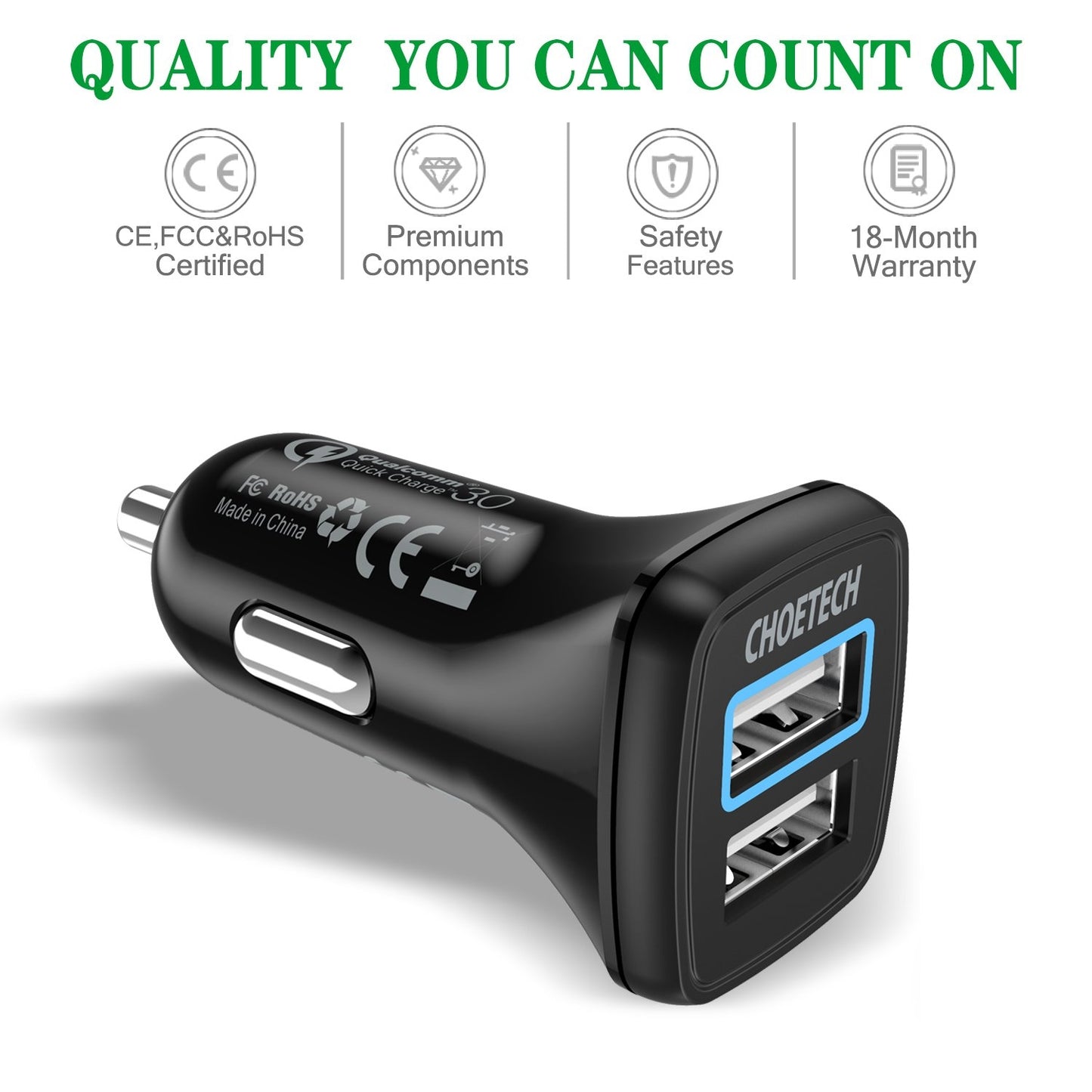 CHOETECH C0051 Quick Charge 3.0 Tech 30W Car Charger Tristar Online